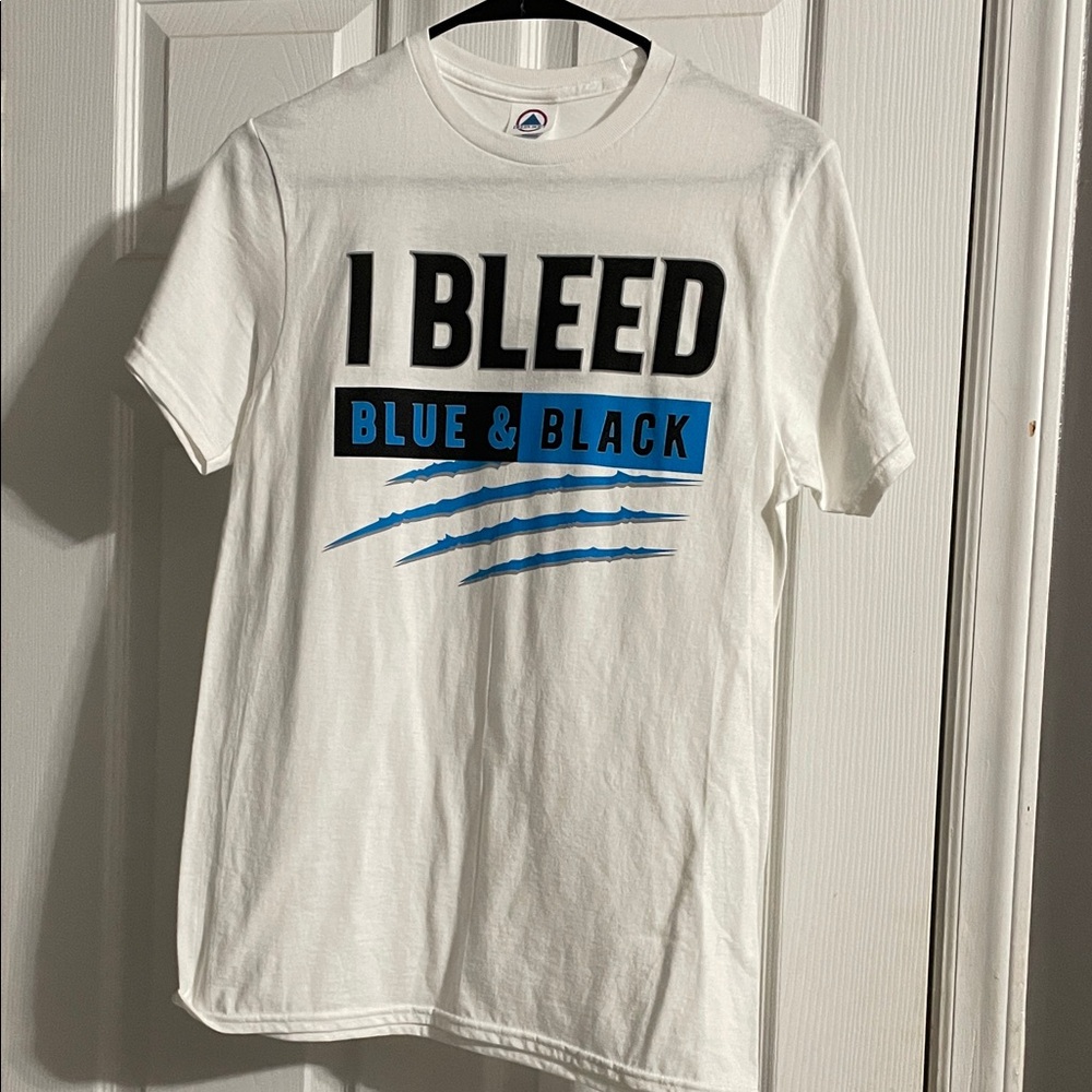 White Graphic T-Shirt with Blue and Black Print I BLEED BLUR & BLACK Adult Small